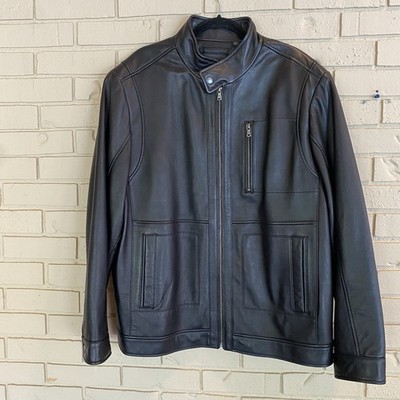 Roundtree & Yorke Men's XL T Bomber Jacket Black Lamb Skin Leather Coat NEW