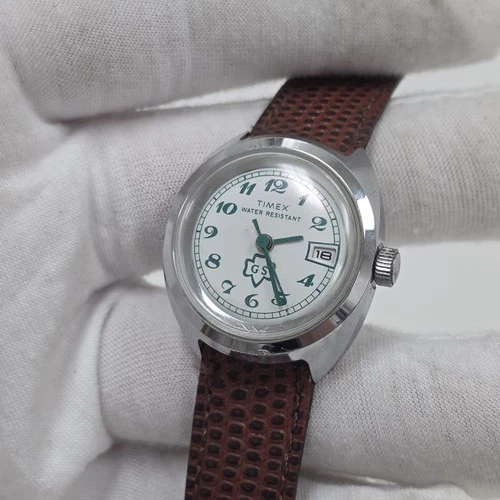 Vintage Girl Scout Timex Wind Up Date Stainless Watch Mechanical Wind Up Works