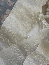 Vintage Floral Embroidery Cotton Lace Trim, Beige, Scalloped Edge, Eyelet Detail