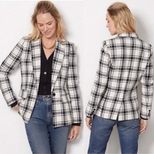 Evereve Kennedy Blazer White Ivory Black Plaid Single Breasted Size Medium