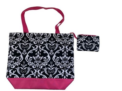 Black White Damask Large Tote Bag Pink Double Handles Lined Inner Pockets Pouch