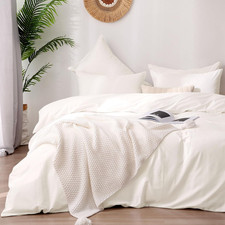 Duvet Cover Queen Size, 100 Washed Cotton, Linen Feel, off White Comforter Cove