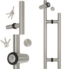 Pair Stainless Steel T-Bar Door Handles with Lock – 53" Length, Brushed Finish,