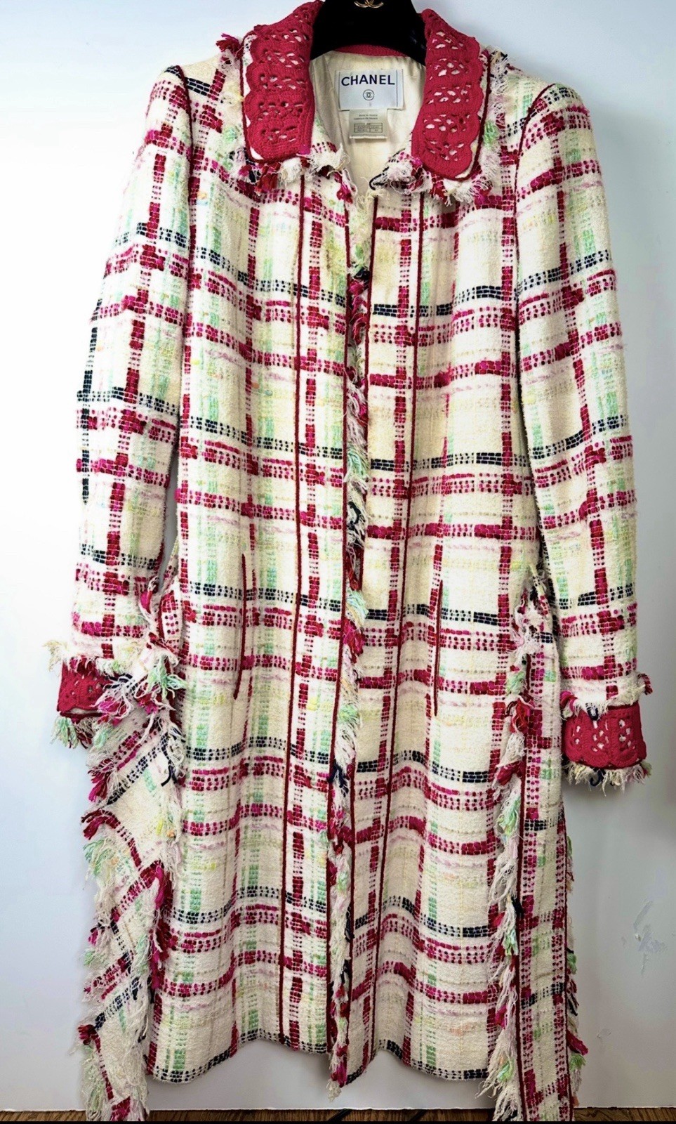 Chanel Vintage 2004 White Red Tweed Coat 40 42 44 8 10 12 Jacket 2pc Belt M L image 2