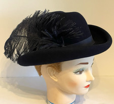 Vintage Mr. Charles Navy Blue Doeskin Felt 100 Wool Feather Hat Made in USA