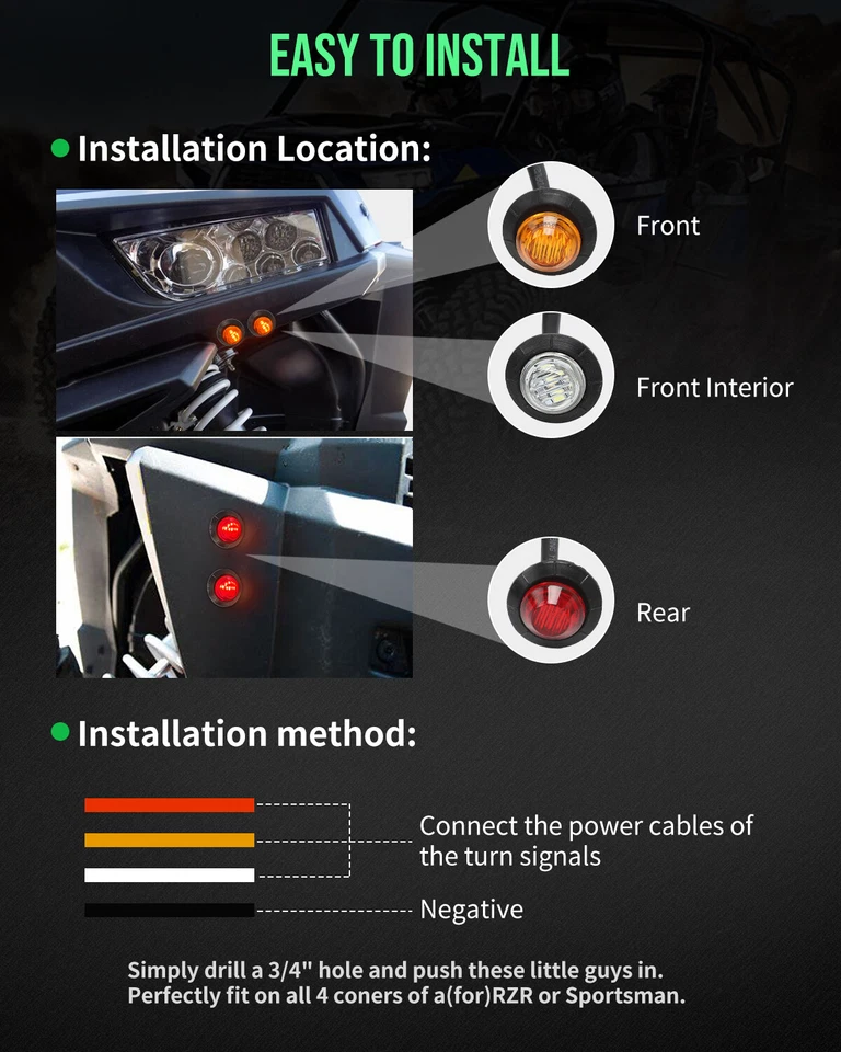 Kit universal UTV SXS señal de giro calle legal para Polaris RZR Can-Am Kawasaki Foto 4 de 4