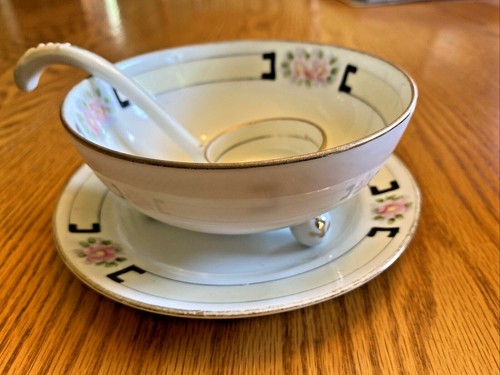 3-pc Hand Painted NIPPON 3-Footed Soup Condiment Bowl, Spoon Ladle & Plate SET - Picture 2 of 11