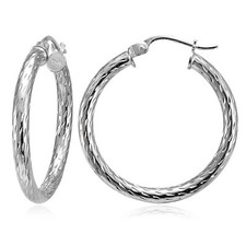 Sterling Silver 2.5mm Diamond-Cut Round Hoop Earrings, 35mm