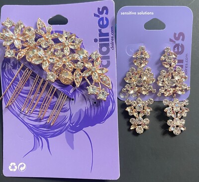 Claire's Rose Goldtone Rhinestone Dangle Earrings and Floral Haircomb NWT