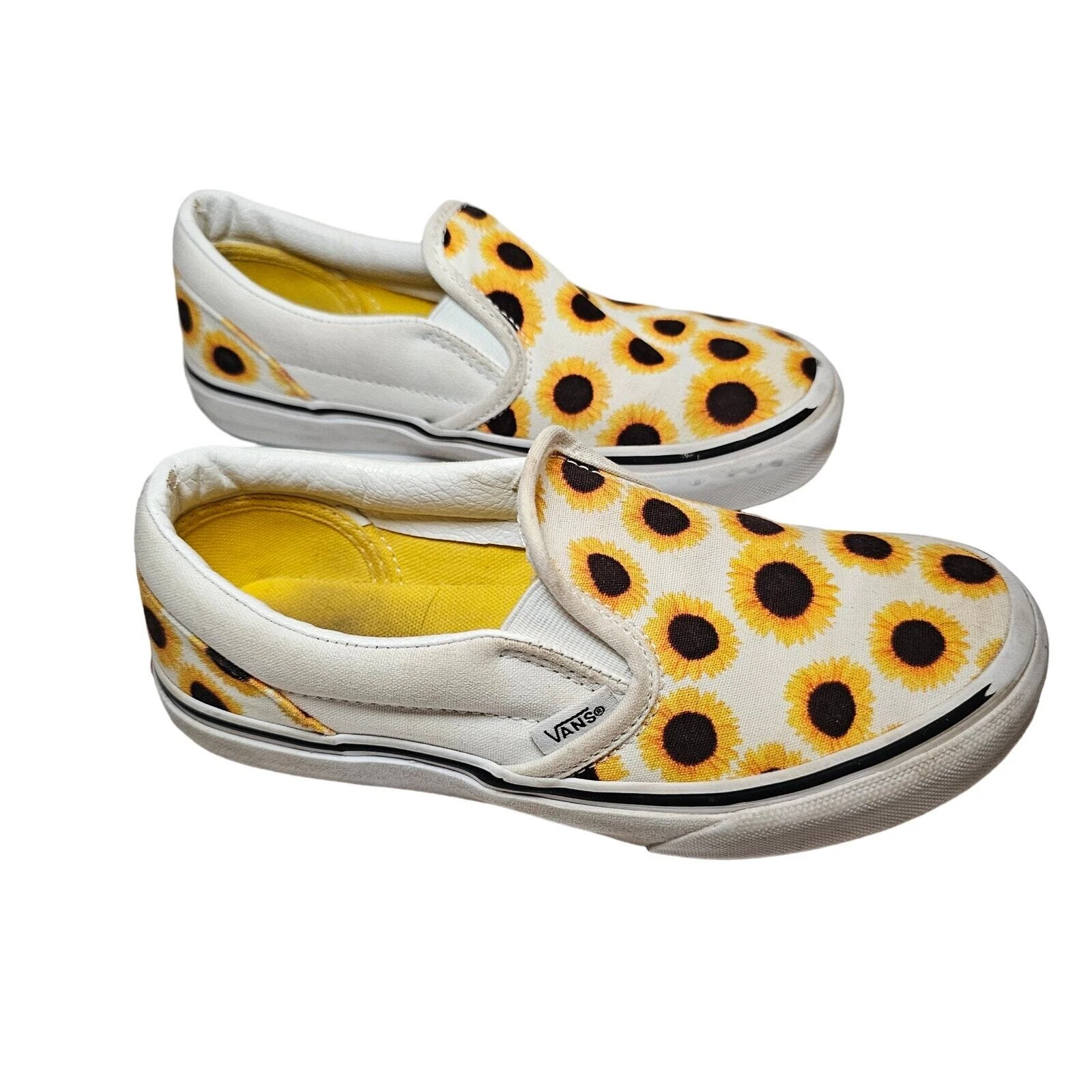 Scarpe slip on girasole Vans bambini ragazze taglia 2 bianche piatte gialle
