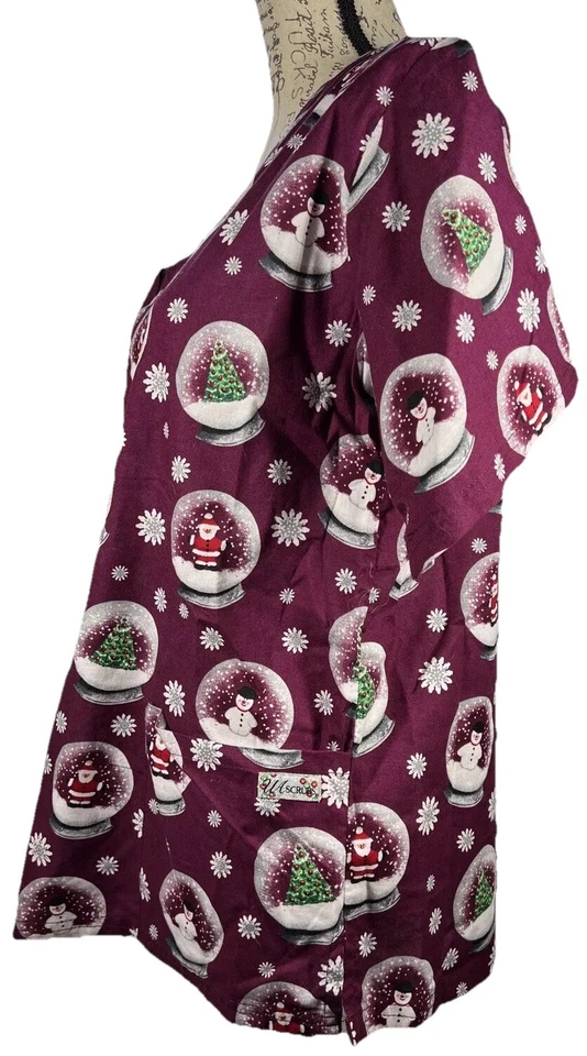 UA Scrubs Women's Top Size Small - Christmas Snow globe Pattern Work Uniform - Image 2 of 4