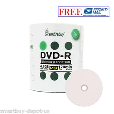 100 Pcs SmartBuy DVD-R DVDR 16X 4.7GB White Inkjet Hub Printable Recordable Disc