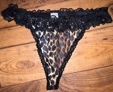 Vintage Cheetah Print Thong Black Ruffles Lace Women  s XL G String