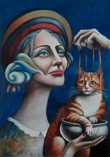 ORIGINAL ACRYLIC Surreal PORTRAIT of Exentric Woman & Cat MODERN PAINTING