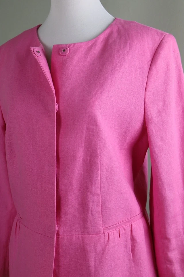TALBOTS $149 Solid Pink Lined Shirred 100% Linen Snap Up Lady Jacket Top Size 8 - Image 2 of 4