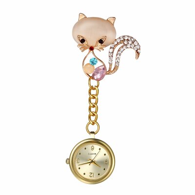 Women Nurse Watch Cat/Flower Pin-on Brooch Hanging Lapel Watch