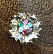 Vintage Gold Metal Flower Button with Colorful Prong-set Rhinestones