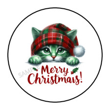 Merry Christmas green cat stickers, envelope seals, labels, tags, round
