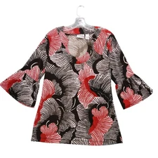 Chicos Travelers Top Blouse Red Black White Floral Bell Sleeve Size 0
