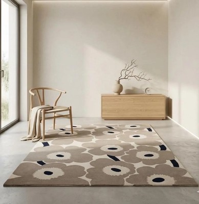 Hand Tufted Rug Modern Beige Taupe Floral Wool Area Rug Carpet.