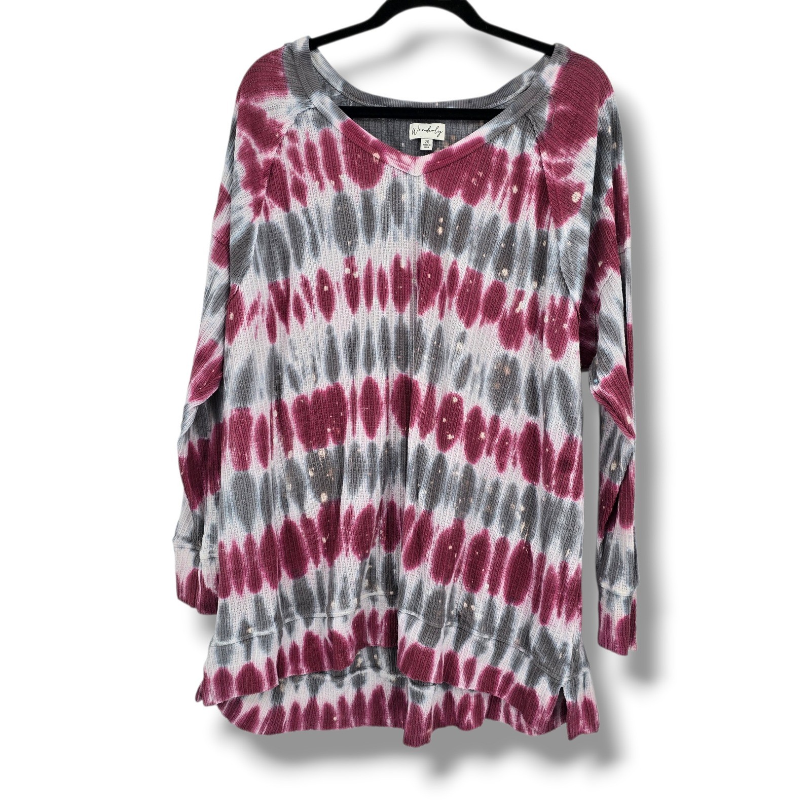 Wonderly Womens 2X Tie Dye Waffle Knit Thermal Top Burgundy Grey Bleach Splatter