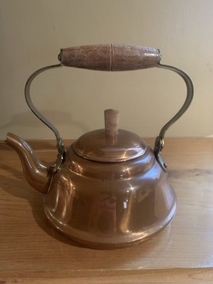 Vtg Copral Copper Tea Kettle With Lid Wood Handle Lined Portugal