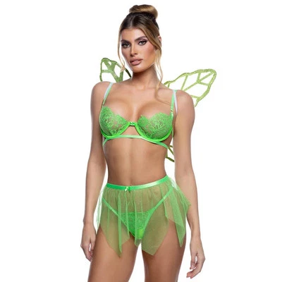 Pixie Bedroom Costume Set Lace Demi Cup Bra Glitter Mesh Skirt Thong Green LI815 - Image 1 of 3