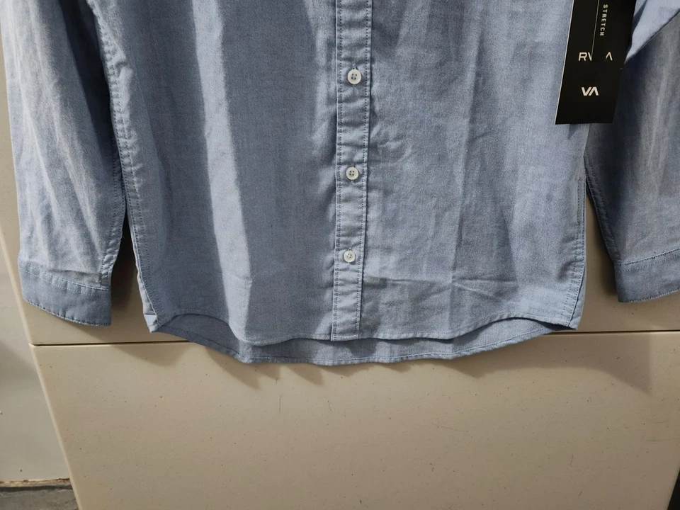 Camisa RVCA Niños L Azul Manga Larga Con Botones Oxford Mezcla de Algodón Bolsillo Nueva Foto 2 de 4