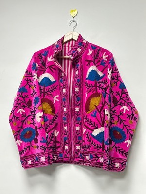Women s Handmade Suzani Velvet Jacket Pink Floral Embroidered Boho Festival Coat