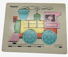 Playskool Wooden Tray Puzzle Train Locomotive 12 Pieces Script Logo 1950/60s