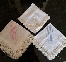 Embroidered Initial H -3 Monogram White Hankie Handkerchief Crochet Edging 18