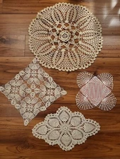 Vintage hand Crocheted doilies Lot of four. Beige. Pink. 