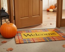 17" X 29" Gray Natural Orange And Yellow Fall Plaid Welcome Outdoor Coir Door...