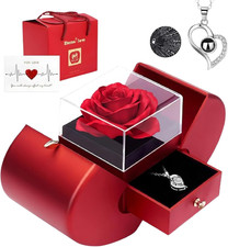 Valentines Day Gift Preserved Real Red Rose with I Love You Necklace Set New