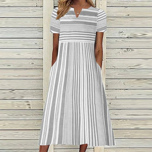 Women V Neck Striped Dress Ladies Holiday Bohemian Short Sleeve Midi Dresses - Picture 7 of 10