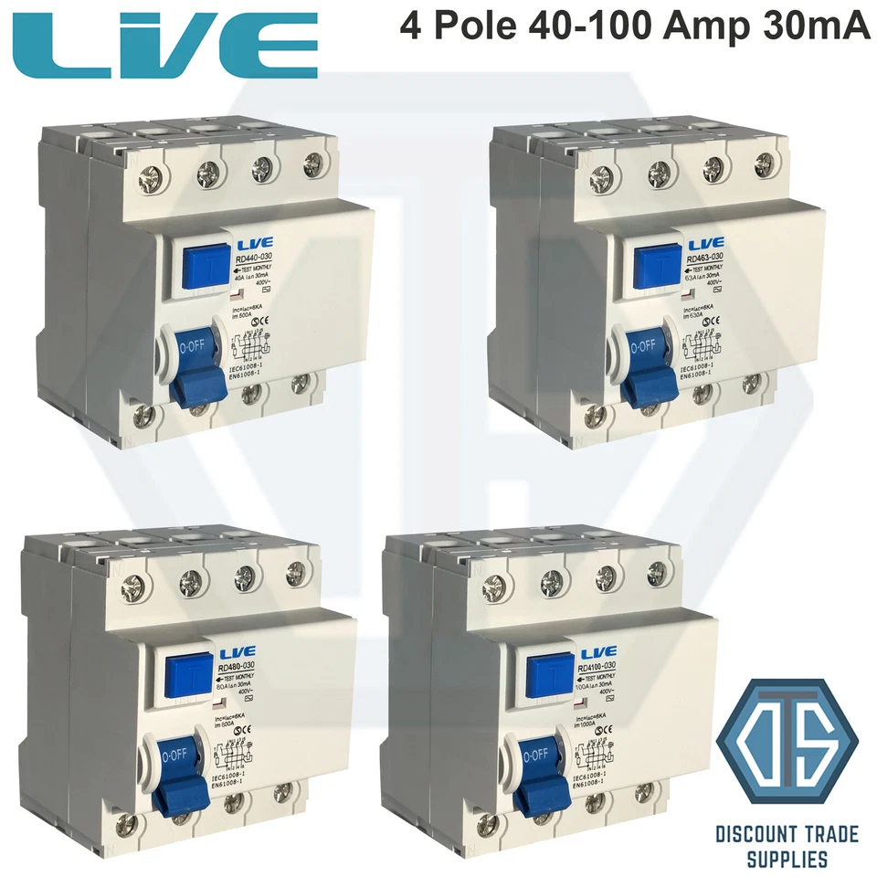 LIVE ELECTRICAL Live 4 Pole RCD 40 Amp 63 Amp 80 Amp 100 Amp 30mA RCD Four Pole RCD Free P&P