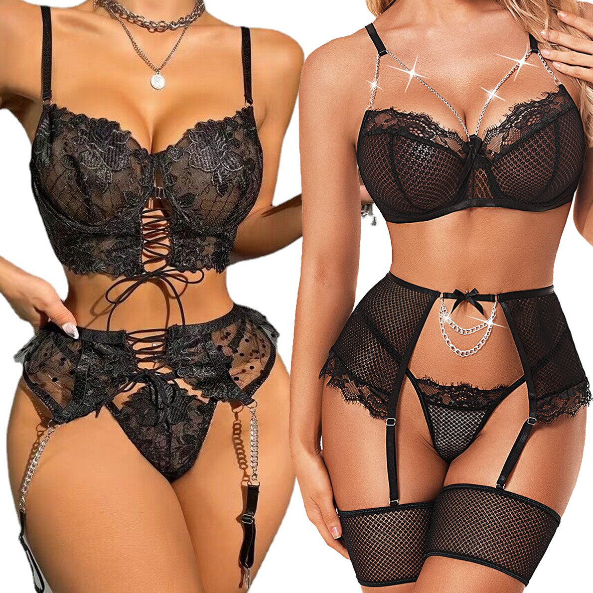Valentine's Sexy Lingerie Set for Women Black Lace Garter Bra Set Babydoll  Teddy | eBay