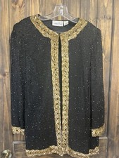 Laurence Kazar 100 Silk Black Gold Sequin Jacket Women s XL VTG Shoulder Pads