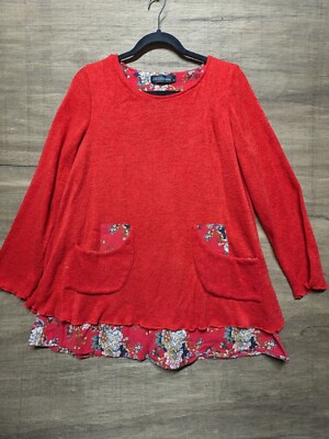 Womens Size M Red Floral Two-Layer Mini Dress Tunic Shirt Long Sleeve Sweater