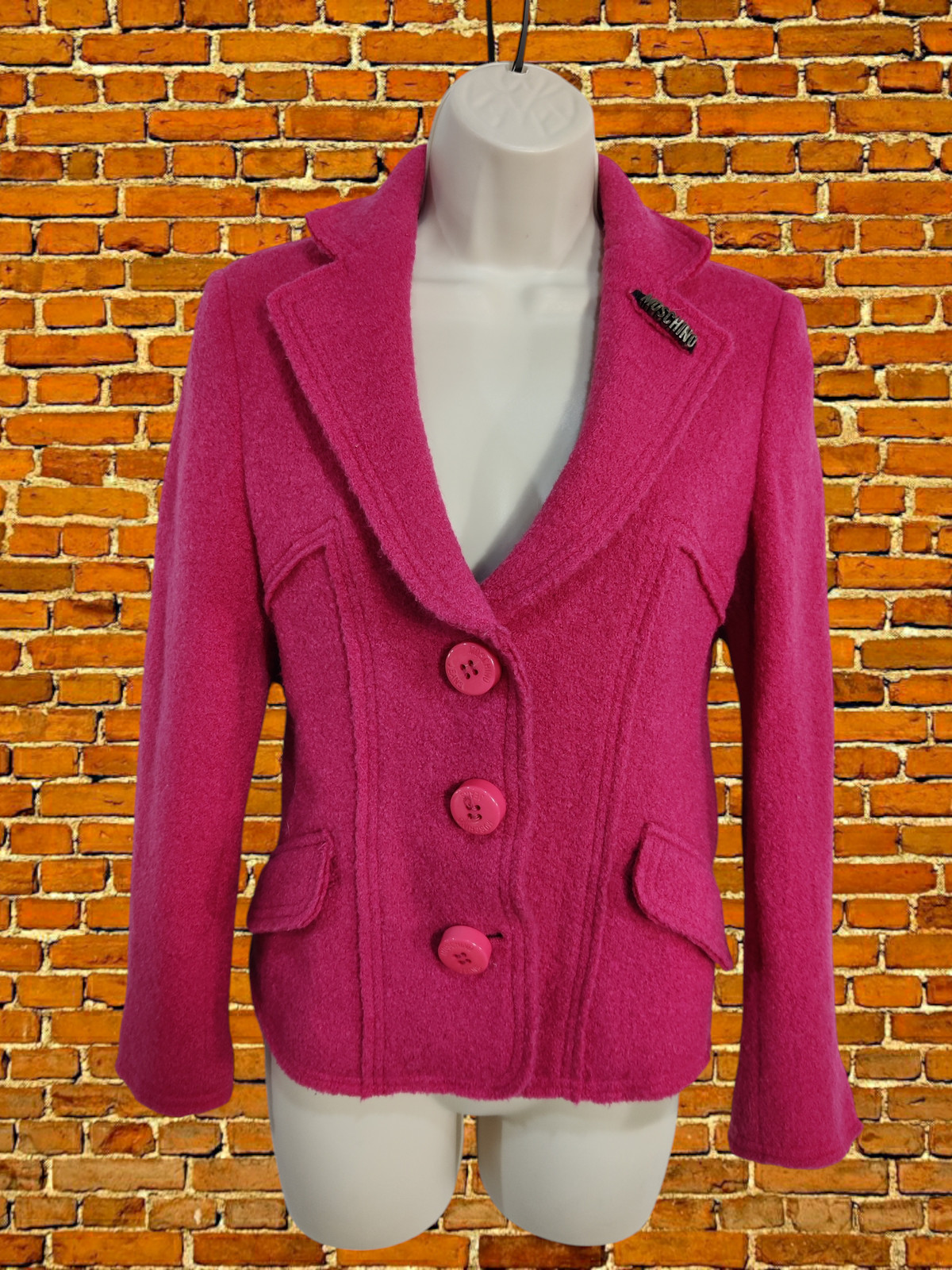 MOSCHINO JEANS DONNA UK 10 HOT PINK WOOL CHUNKY BUTTON FITTED BLAZER JACKET COAT