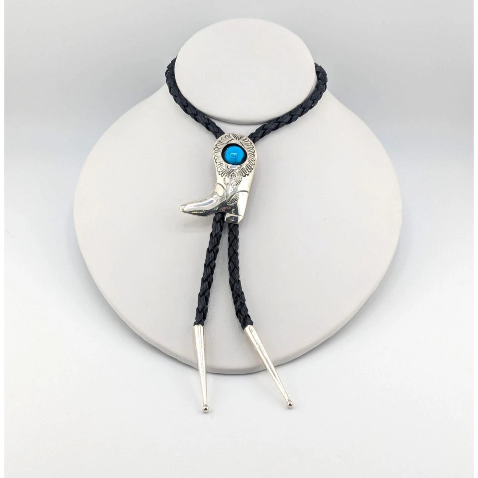 Bota de Vaquero Occidental Bolo Tie Turquesa Plata Esterlina Hecha a Mano Joyería Foto 3 de 4