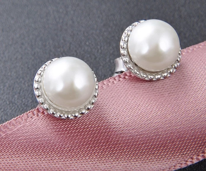 Aretes redondos de plata de ley 925 maciza de 8 mm concha para fregar perlas regalo PE26 Foto 4 de 4