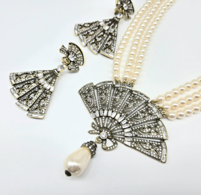 Heidi Daus Clear Diamond Swarovski Crystal Art Deco Chinoiserie Fan Jewelry Set