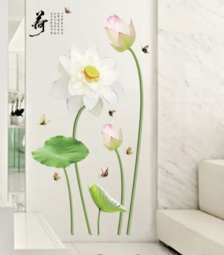 NEW 56” x 32” Large White Pink Lotus Flowers w/ Lily Pads Wall Sticker Decal Set - Picture 1 of 12