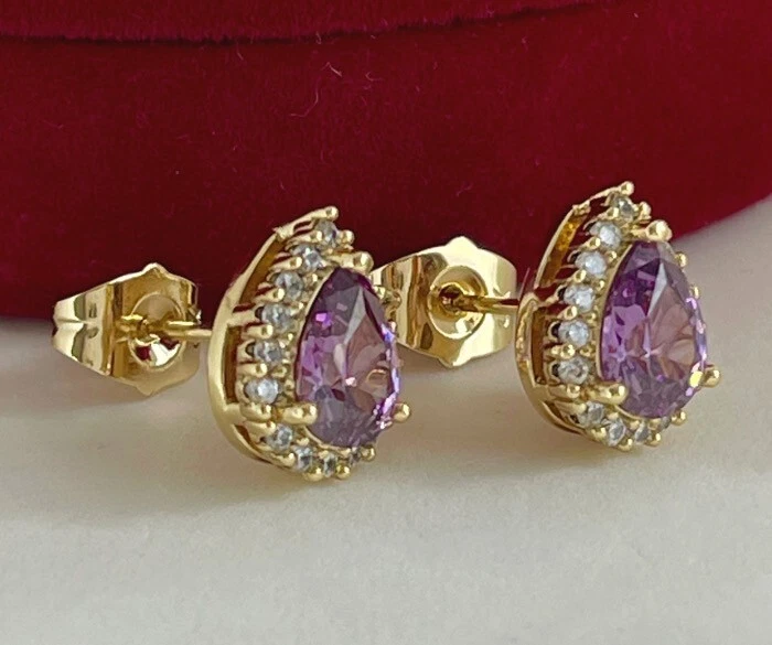 Luxus Ohrringe Ohrstecker Zirkon Lila 585er Rolled Gelbgold 14K vergoldet Damen - Bild 4 von 4