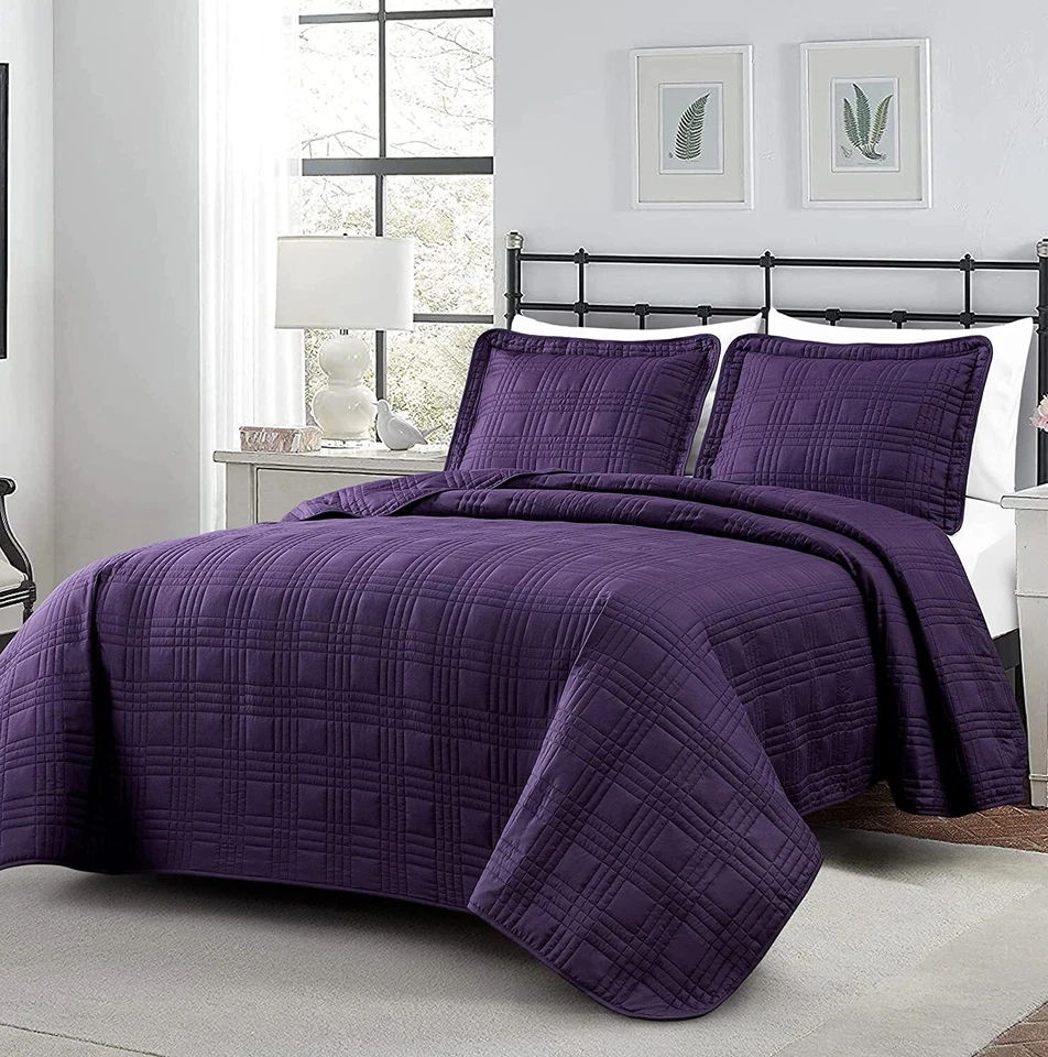 Chezmoi Collection 3-Piece Dark Purple Oversized Coverlet Bedspread Quilt Set - Image 2 of 4