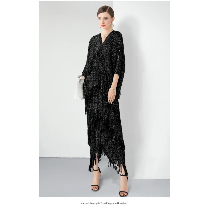 OFF WHITE Abito lungo donna nappa scollo a V manica a pipistrello scollo a V plissettato ampio oversize