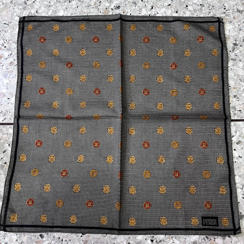 HOMBRE HANKY ALGODÓN ARTE BOLSILLO DE COLECCIÓN CUADRADO 19" CLÁSICO NEGRO PATA DE GALLO MONEDAS DE ORO Foto 3 de 4