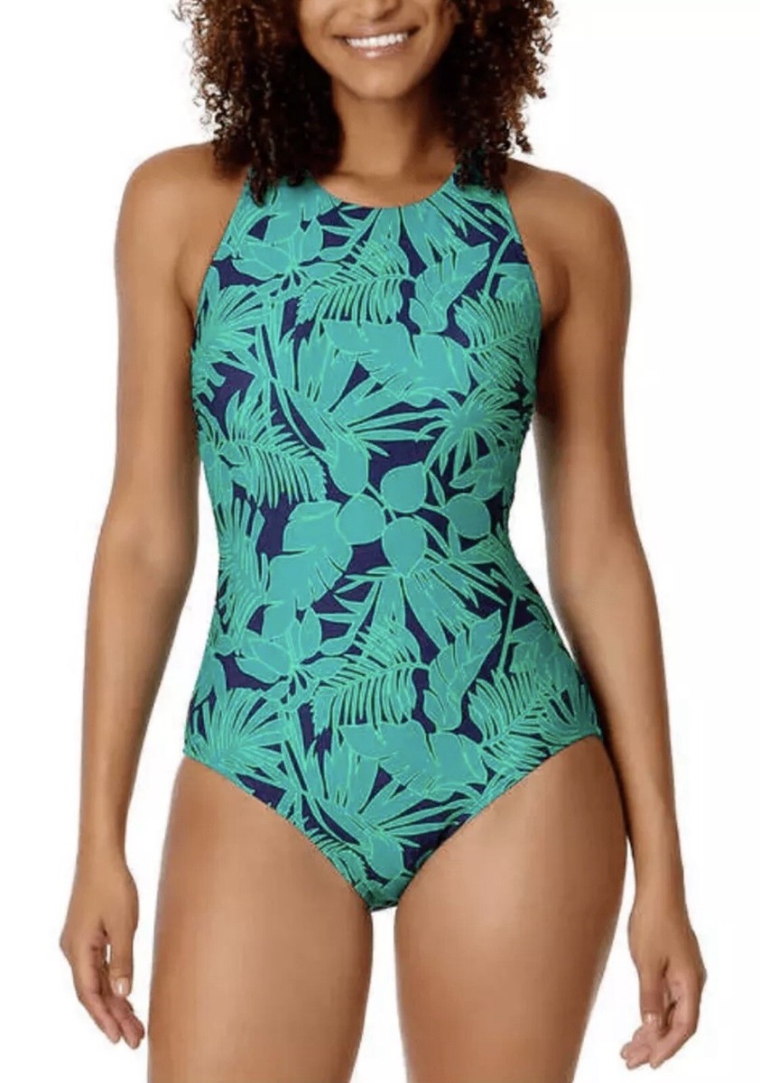 LANDS’ END One-piece Swimsuit Bathing Suit High Neck Green Blue UPF 50 NWT