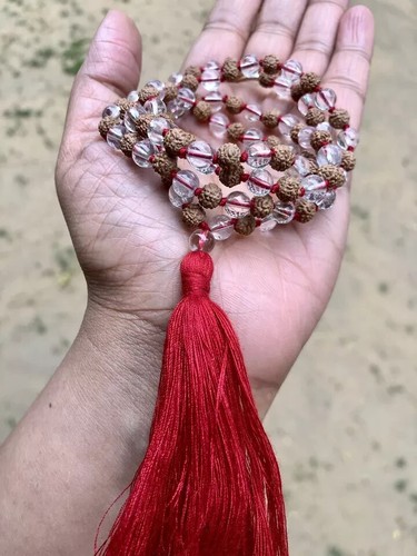 5 Mukhi RUDRAKSHA Rudraksh Sfatik Kristall Quarz Mala ROSENKRANZ 108+1 Gebetsperlen - Bild 4 von 6